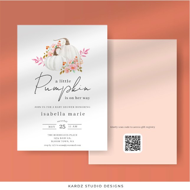 Minimalistisch Little Pumpkin Baby Dusche Einladung (Front and back of invitation shown in 5 x 7 in. Select corner and paper style before checkout.)
