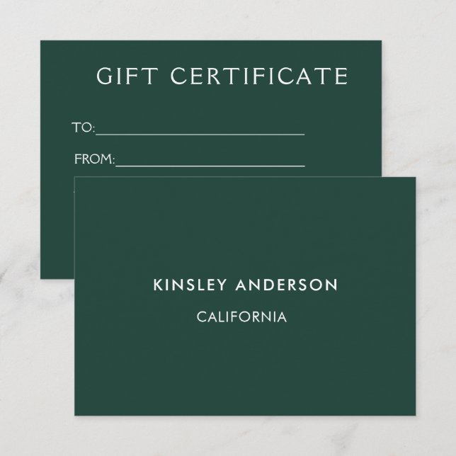 Minimalistisch Luxus Emerald Green Geschenkgutsche (Vorne/Hinten)
