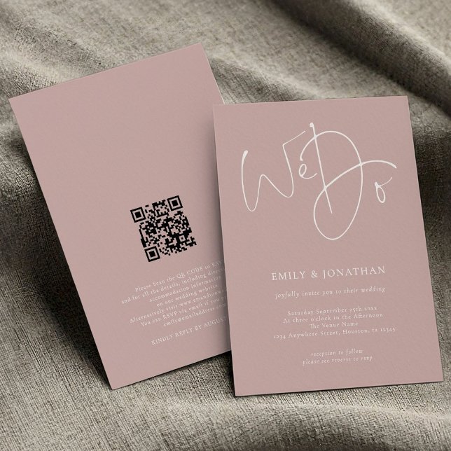 Minimalistisch machen wir Script Dusty Rose QR Cod Einladung (Front and back view)