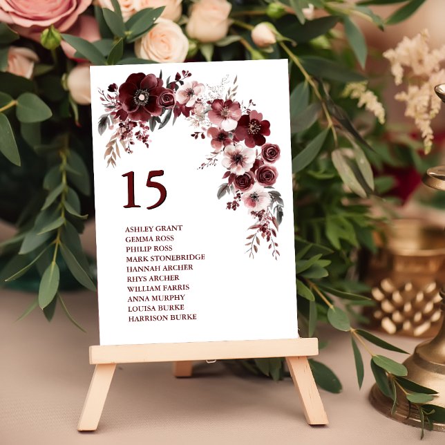 Minimalistisch Maroon Burgundy Wedding Names Tischnummer (Von Creator hochgeladen)