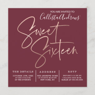 Minimalistisch Maroon Rose Gold Typografie Sweet 1 Einladung