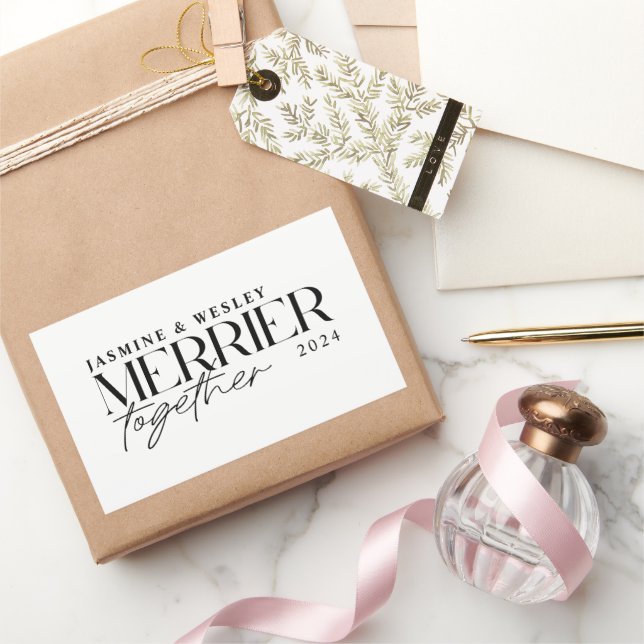 Minimalistisch Merrier Together Wedding Christmas Rechteckiger Aufkleber (Schenken)