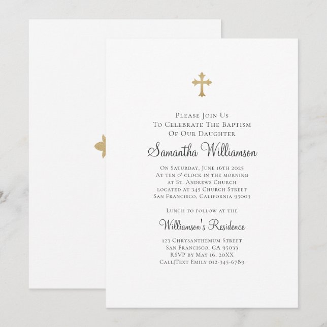 Minimalistisch mit Imitaten Gold Cross Taufe Einladung (Vorne/Hinten)