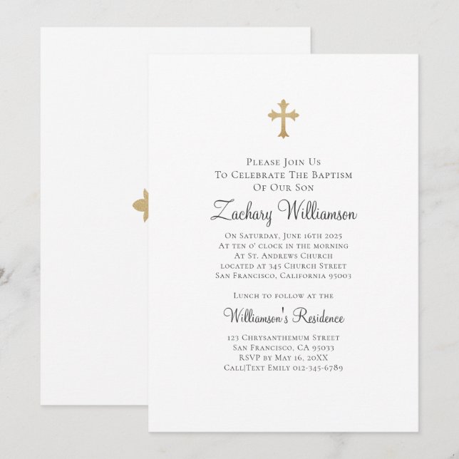 Minimalistisch mit Imitaten Gold Cross Taufen Einladung (Vorne/Hinten)