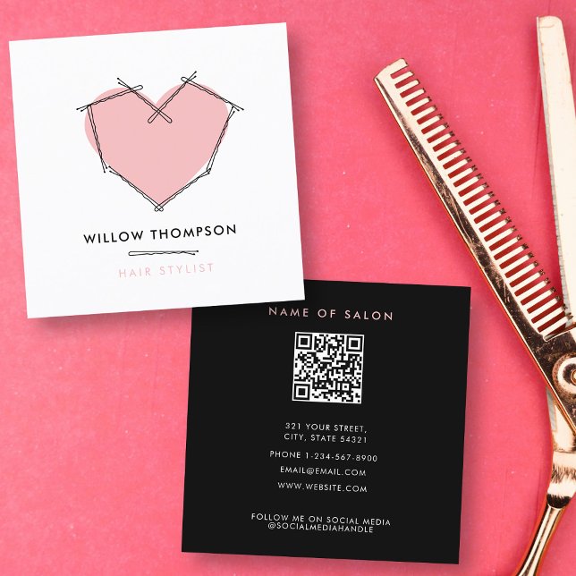 Minimalistisch Modern Black Pink Bobby Buttons Haa Quadratische Visitenkarte (Minimalistic Modern Black Pink Bobby Pins Hair Square Business Card)