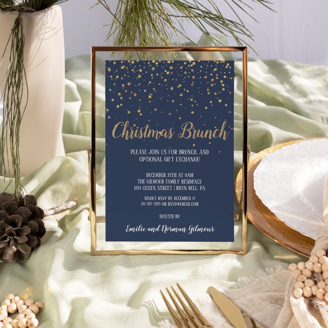 Minimalistisch Modern|Blue Christmas Brunch Gold Folieneinladung (Von Creator hochgeladen)