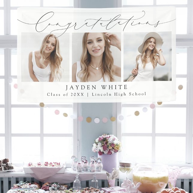 Minimalistisch Modern Chic Script 3 Foto Abschluss Banner (Minimalist Modern Chic Script 3 Photo Graduation Banner)
