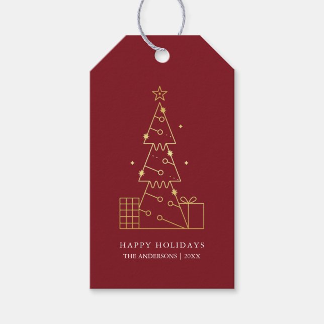 Minimalistisch Modern Gold Weihnachtsbaum Rot Geschenkanhänger (Vorderseite)