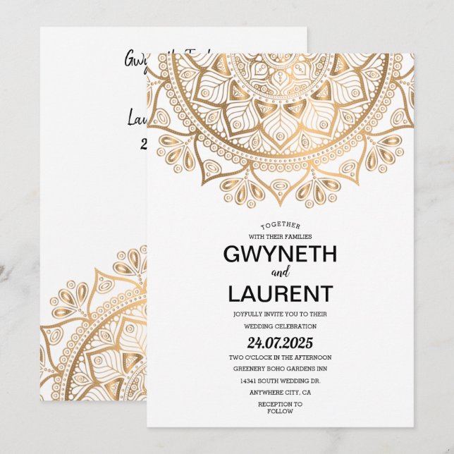 Minimalistisch Modern Golden Luxury Mandala Weddin Einladung (Vorne/Hinten)