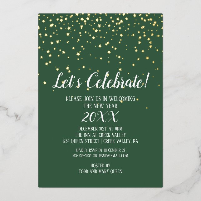 Minimalistisch Modern|Green Confetti Neujahr Folieneinladung (Vorderseite)