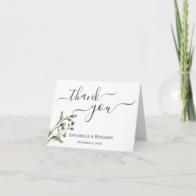Minimalistisch Modern Green + White Wedding Vielen Dankeskarte (Vorderseite)