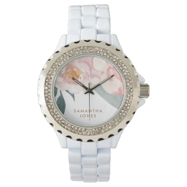 Minimalistisch Modern Pink Peonie Floral Armbanduhr (Vorderseite)
