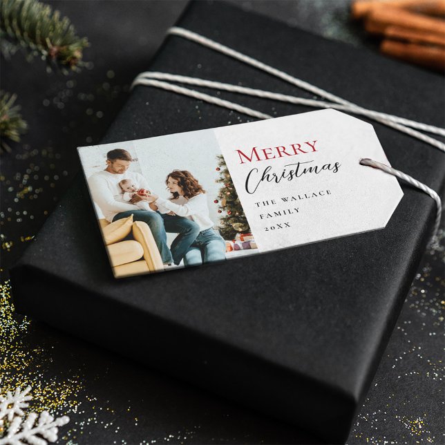 Minimalistisch Modern Red Frohe Weihnachtsskriptkl Geschenkanhänger (Merry Christmas custom family photo gift tag.)