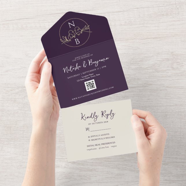Minimalistisch Moderne Lila Hochzeit All In One Einladung (Abreißen)