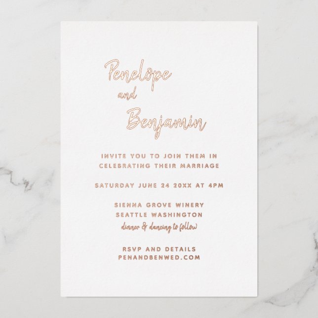Minimalistisch Moderne Rose Gold und Foto Hochzeit Folieneinladung (Vorderseite)