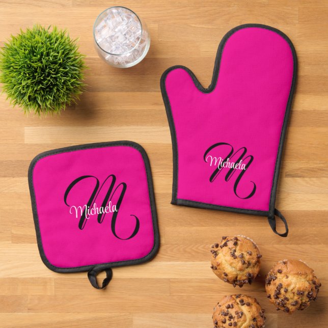 Minimalistisch moderner Monogramm Anfangsname heiß Ofenhandschuh & Topflappen-Set (Oben Unten)