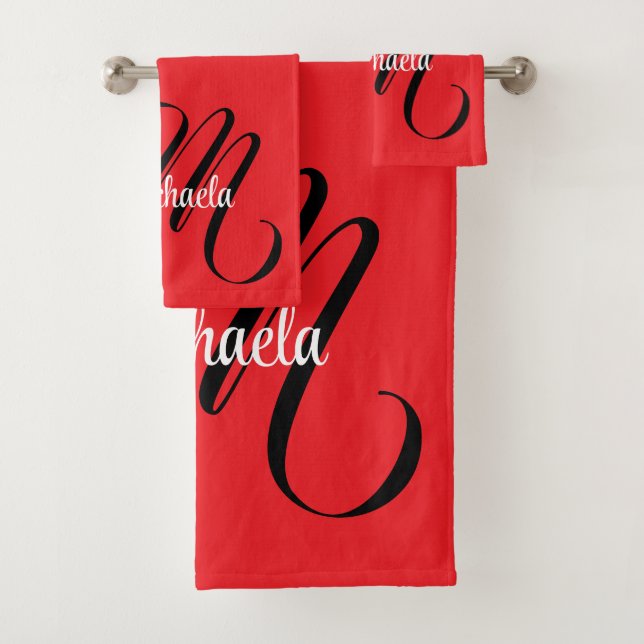 Minimalistisch moderner Monogramm Anfangsname rot Badhandtuch Set (Insitu)