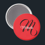 Minimalistisch moderner Monogramm Anfangsname rot Magnet<br><div class="desc">Minimalistische moderne Monogramm Anfangsname Schwarz-weiß. Personalisierbarer individuelle Name mit einem kursiven Initial hinter einer roten Farbe.</div>