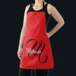 Minimalistisch moderner Monogramm Anfangsname rot Schürze<br><div class="desc">Minimalistische moderne Monogramm Anfangsname Schwarz-weiß. Personalisierbarer individuelle Name mit einem kursiven Initial hinter einer roten Farbe.</div>
