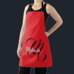 Minimalistisch moderner Monogramm Anfangsname rot Schürze<br><div class="desc">Minimalistische moderne Monogramm Anfangsname Schwarz-weiß. Personalisierbarer individuelle Name mit einem kursiven Initial hinter einer roten Farbe.</div>