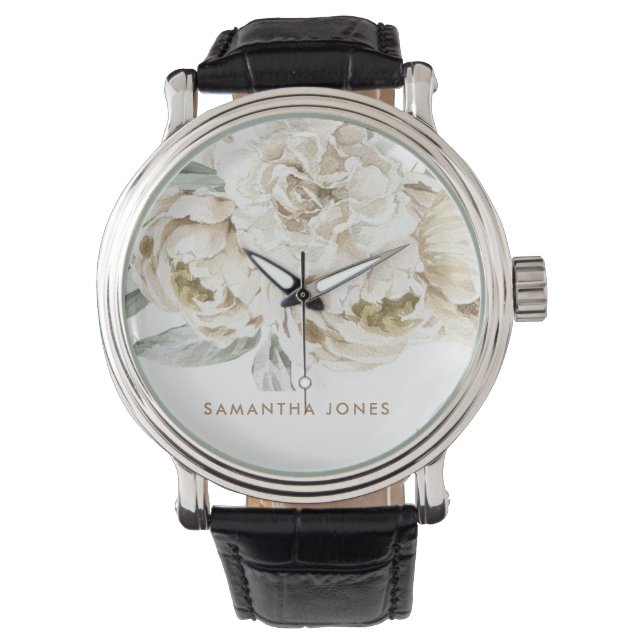Minimalistisch Modernes Weißes Peonie-Gebirge Armbanduhr (Vorderseite)