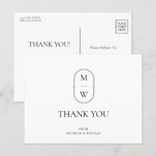 Minimalistisch Monogram Schwarz-weiß Wedding Danke Postkarte