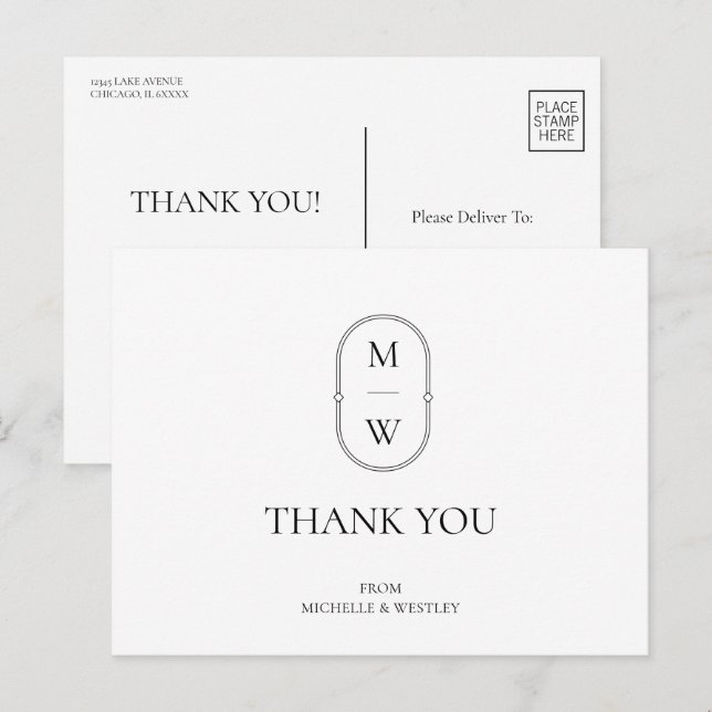 Minimalistisch Monogram Schwarz-weiß Wedding Danke Postkarte (Vorne/Hinten)