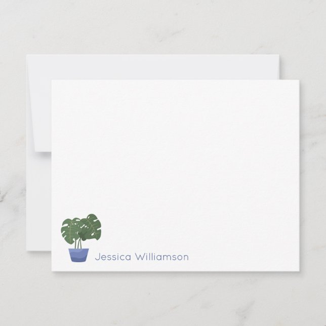 Minimalistisch Monstera Pflanze Blauer Personalisi Mitteilungskarte (Vorderseite)