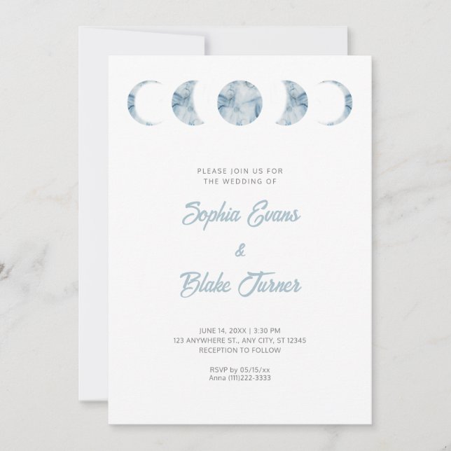 Minimalistisch Moon Phases Celestial Blue Wedding Einladung (Vorderseite)