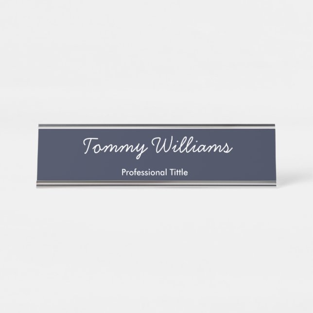 Minimalistisch Navy Blue Beruflich Simple Schreibtischnamensplakette (Vorderseite )