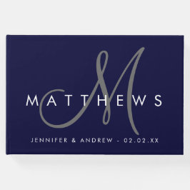 Minimalistisch Navy Blue Modern Gray Monogram Wedd Gästebuch