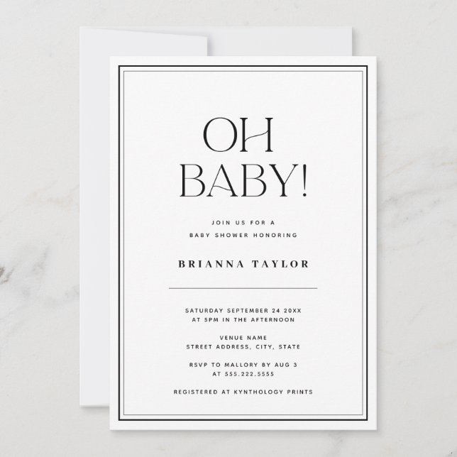 Minimalistisch Oh Baby Black & White Baby Dusche Einladung (Vorderseite)