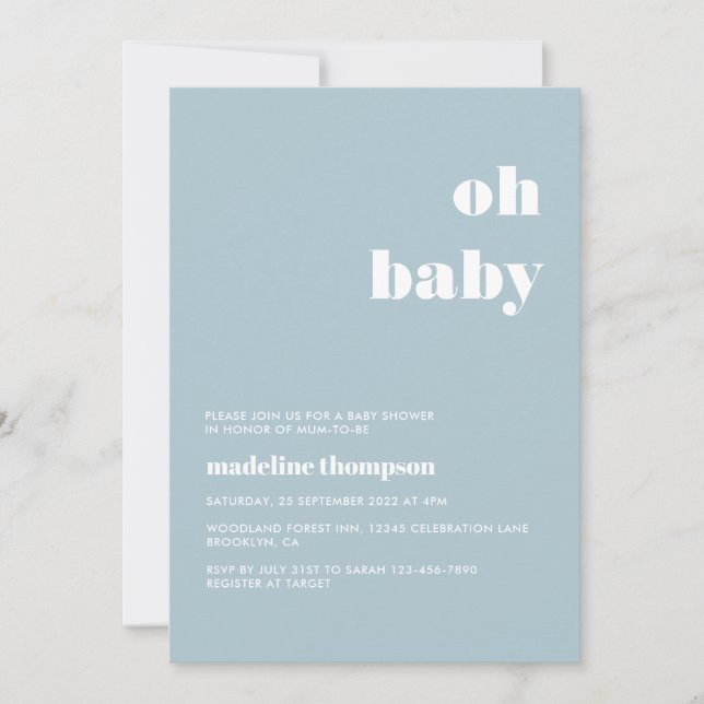 Minimalistisch Oh Baby Pastel Blue Baby Dusche Einladung (Vorderseite)