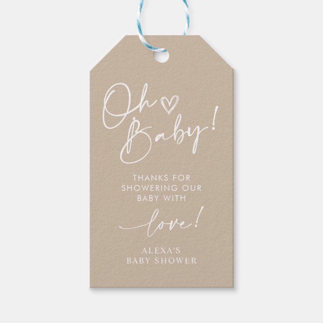 Minimalistisch Oh Babydusche Beige neutraler Gefal Geschenkanhänger (Vorderseite)