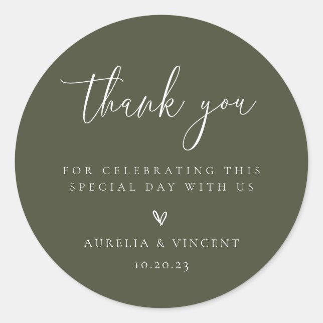 Minimalistisch Olive Green Wedding Vielen Dank Runder Aufkleber (Vorderseite)