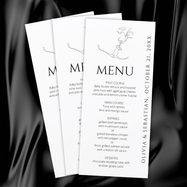 Minimalistisch One Line Art Kissing Couple Wedding Menükarte (Von Creator hochgeladen)