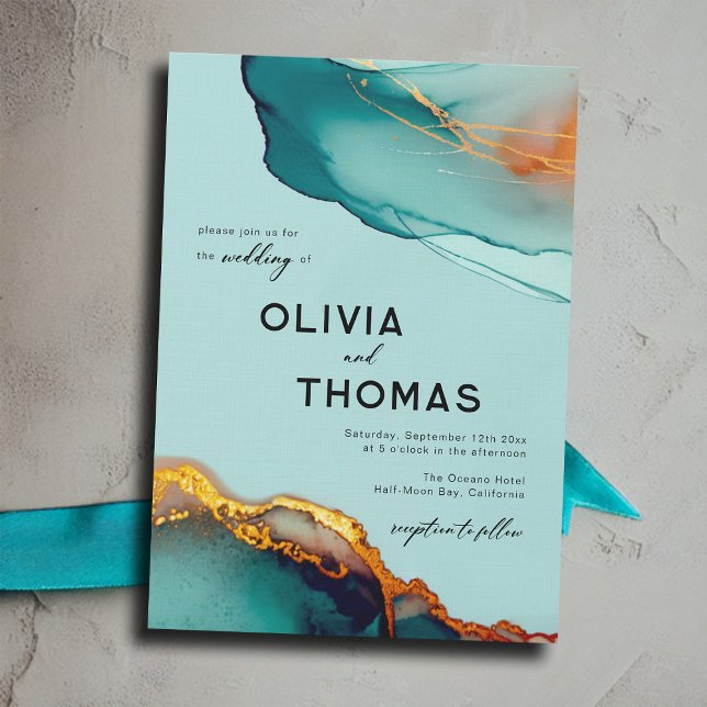 Minimalistisch Orange Aquamarin Modern Script Hoch Einladung (minimalist modern elegant orange and teal wedding invitation watercolor beach autumn fall romantic)