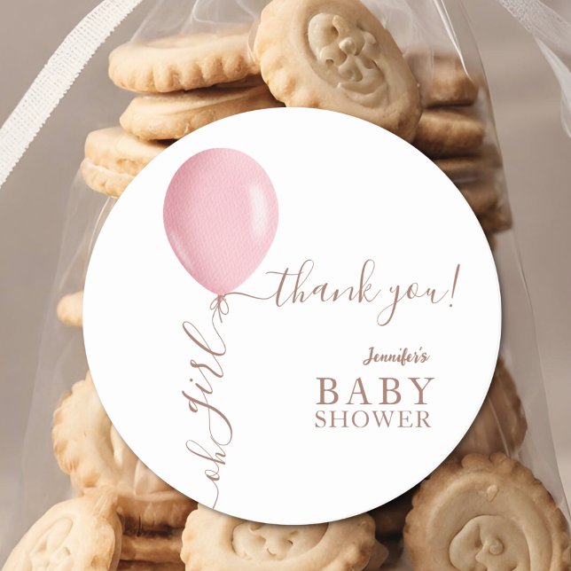 Minimalistisch Pink Ballon Oh Girl Baby Dusche Runder Aufkleber (Von Creator hochgeladen)