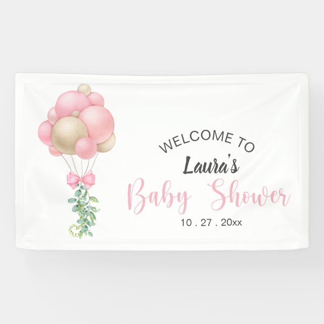 Minimalistisch Pink Balloons Girl Baby Dusche Banner (Horizontal)
