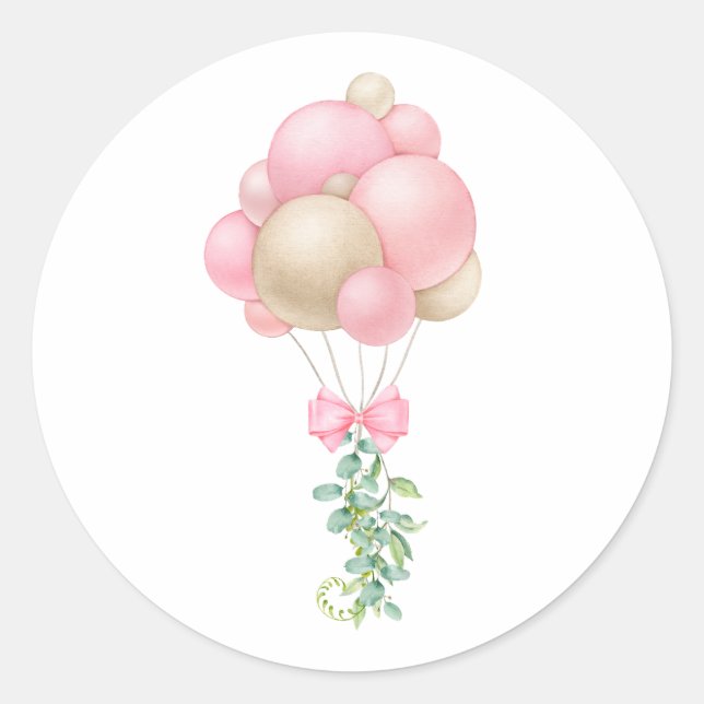 Minimalistisch Pink Balloons Girl Baby Dusche Runder Aufkleber (Vorderseite)