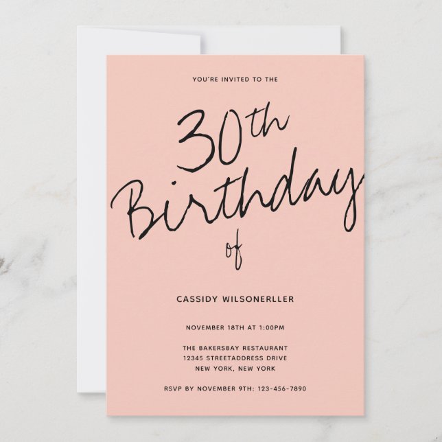 Minimalistisch Pink Black 30. Geburtstag Einladung (Vorderseite)