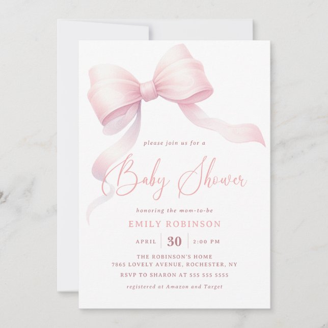 Minimalistisch Pink Coquette Bow Girl Babydusche Einladung (Vorderseite)