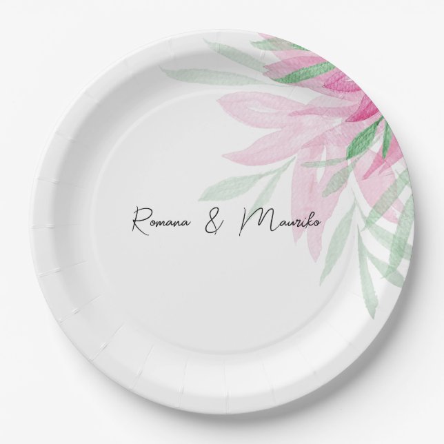Minimalistisch Pink Floral Wasserfarbe Handgestric Pappteller (Vorderseite)