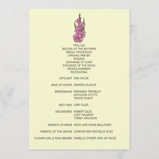 Minimalistisch-Pink-Gladiolus-Hochzeitsprogramm Programm (Vorderseite)
