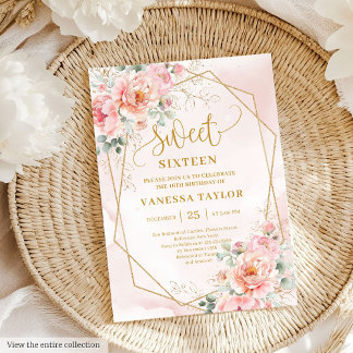 Minimalistisch Pink Gold Peonies Sweet 16 Einladun Einladung