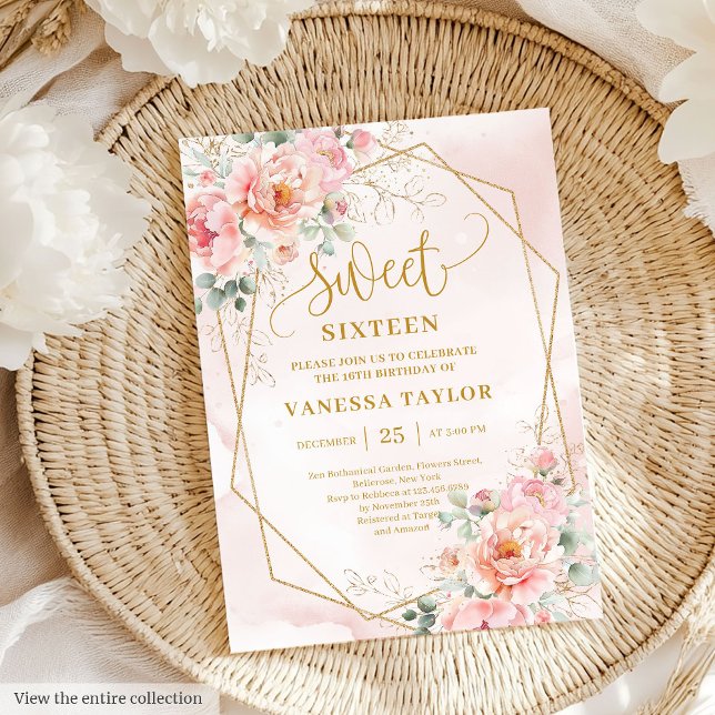 Minimalistisch Pink Gold Peonies Sweet 16 Einladun Einladung (Minimalist Pale Pink Gold Peonies Sweet 16 Invitation)