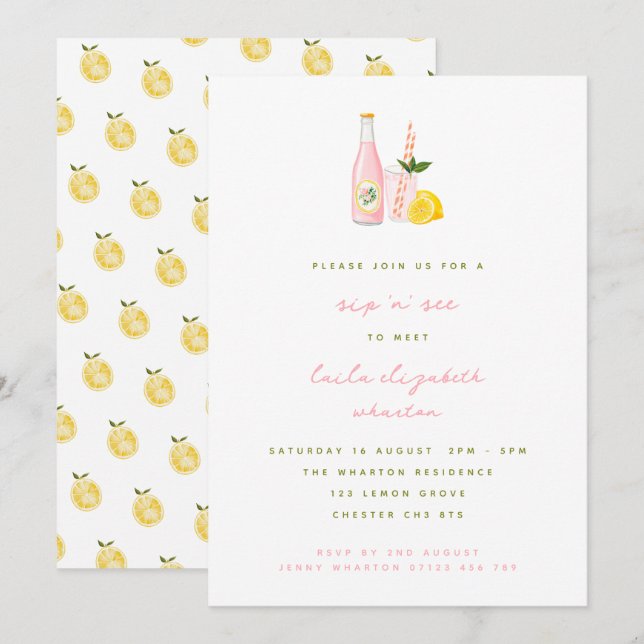 Minimalistisch Pink Lemonade Baby Sip und sehen Einladung (Vorne/Hinten)