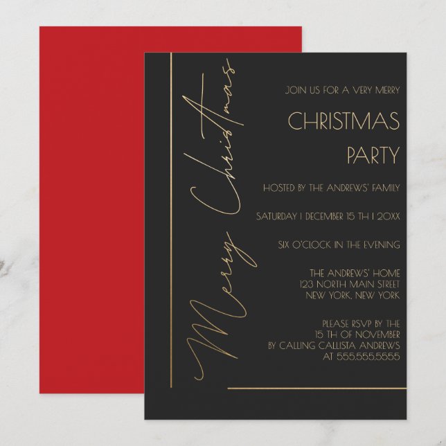 Minimalistisch Red Black Gold Typografie Weihnacht Einladung (Vorne/Hinten)
