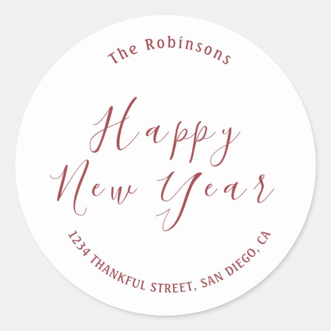 Minimalistisch Red Happy New Year Address Runder Aufkleber (Vorderseite)