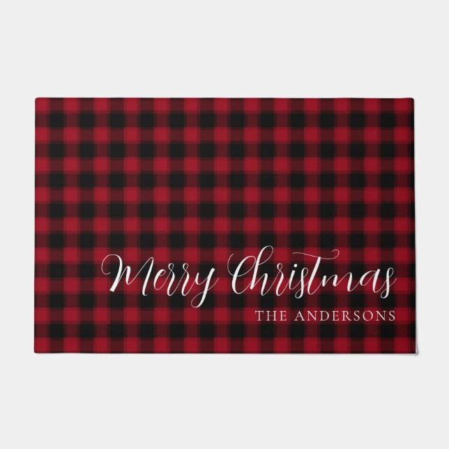Minimalistisch Red Kariert Pattern Frohe Weihnacht Fußmatte (Vorderseite)